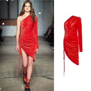 Monse Velvet One Shoulder Drawstring Asymmetric Dress Scarlet 4 NWT